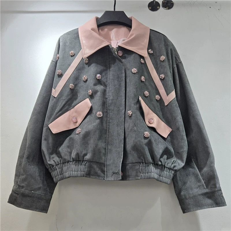 Leatherwork Flowers - Veste Courte Femme en Velours Côtelé
